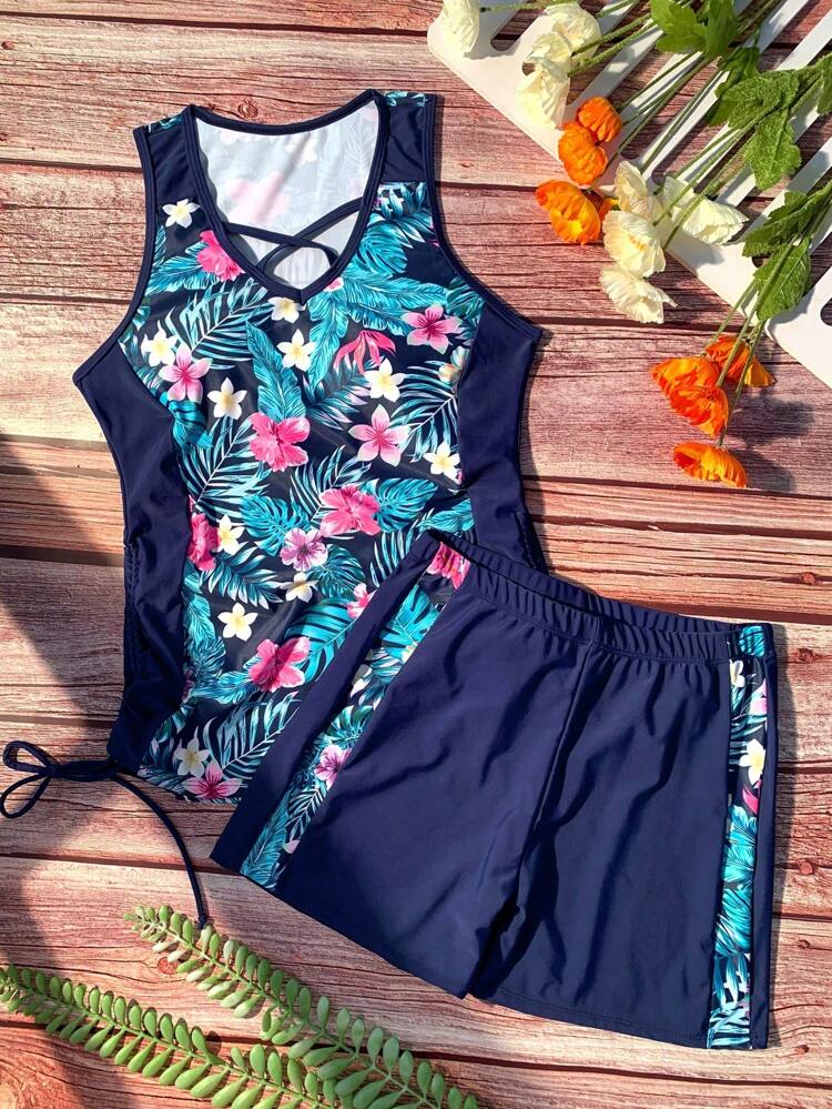 Summer Beach Tropical Print Criss Cross Tankini