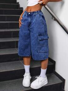 SHEIN EZwear Quần short denim ống rộng rộng thùng thình dành cho nữ bảo hộ lao động có túi, dài đến giữa bắp chân - Rửa tối - Xem 1