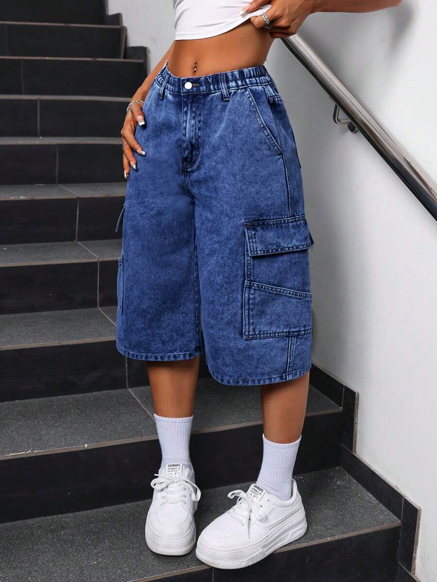 SHEIN EZwear Quần short denim ống rộng rộng thùng thình dành cho nữ bảo hộ lao động có túi, dài đến giữa bắp chân - Rửa tối - Xem 1