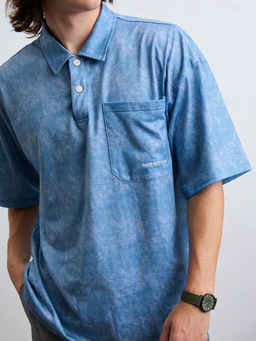 Manfinity VCAY Men's Fashionable Everyday Tie-Dye Knitted Casual Loose Short Sleeve Polo Shirt.Navy Blue Polo - Blue - View 1