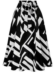 New Products In Autumn And Spring. Retro-Style Geometric Art Print Skirt. Black And White Color High-Waisted Lace-Up Waist And Wide Swing A-Line Skirt. Slim And Long Style. Retro And Elegant Commuting And Dating. Daily Multi-Scenario Wear Women's Skirt.