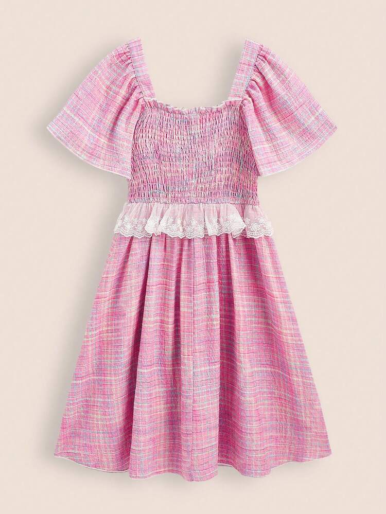 Tween Girl Bubble Plaid Print Square Neck Loose Fit Princess Dress With Shoulder Straps, Vacation Dress