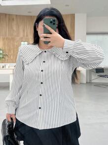 Dazy Petite Plus Plus Size Striped Statement Collar Shirt, Fall Women Clothes Long Sleeve Top - Blue - View 3