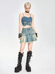 ROMWE Grunge Punk Raw Hem Pleated Denim Skirt For Summer - Light Wash - View 4