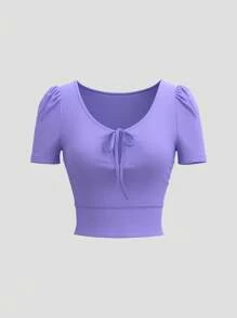SHEINNeu Camiseta sólida con lazo simple en la parte delantera de manga corta