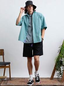 Manfinity VCAY Men's Fashionable Daily Young Casual Solid Color Loose Short Sleeve Shirt T-Shirt Shorts 3pcs/Set.Green  Basic Shirt  .Cargo Men Shirt.Grey  T Shirt - Mint Green - View 5
