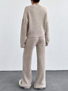 EURMUSE Drop Shoulder Zip Up Cardigan & Knit Pants - Beige - View 2