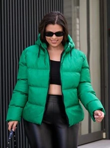 RueChic Plus Zip Up Hooded Belted Puffer Coat - Green - View 3