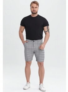 Pantalones cortos de vestir ajustados, elásticos, a cuadros, resistentes a las arrugas para hombre - Gris Claro - Ver 8