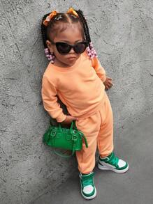 SHEIN 3pcs Baby Girls' Fall Orange & Pink Street Style American Cool Daily Casual Outfit Set
