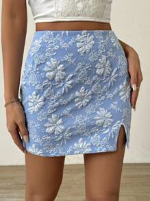 Chiquease Váy Bodycon ngắn có xẻ tà Jacquard dành cho nữ - Màu xanh lam - Xem 5