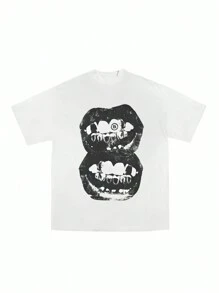 INAWLY Women's Summer Lips Print Round Neck Short Sleeve Casual T-Shirt - White - View 1