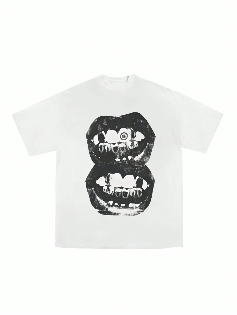 INAWLY Women's Summer Lips Print Round Neck Short Sleeve Casual T-Shirt - White - View 1