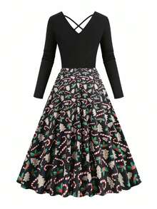 Eilly Bazar 女式简约印花交叉系带长袖连衣裙 - 黑色 - 查看 2