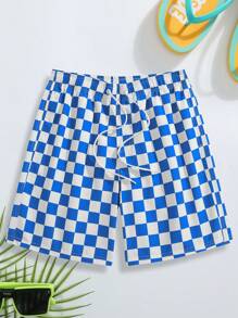 Manfinity Men's Vacation Checkerboard Printed Drawstring Loose Fit Beach Shorts - Blue and White - View 1
