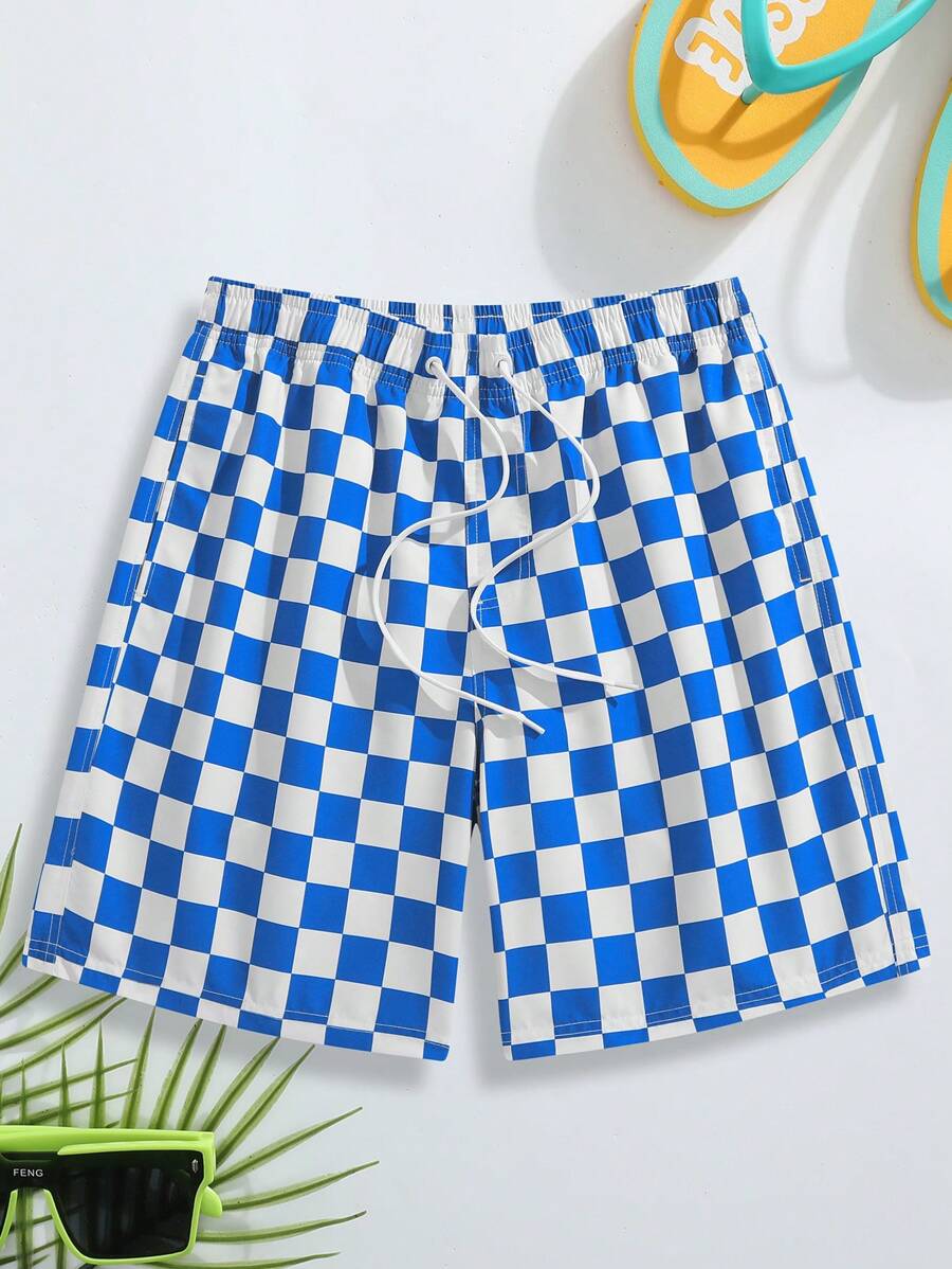 Manfinity Men's Vacation Checkerboard Printed Drawstring Loose Fit Beach Shorts - Blue and White - View 1