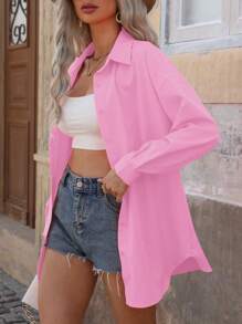 EMERY ROSE Solid Drop Shoulder Shirt For Spring And Summer Fall Cloth For Women - Pink - View 6