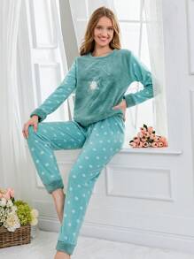 RueChic Star & Moon Print Raglan Sleeve Flannel PJ Set - Green - View 4