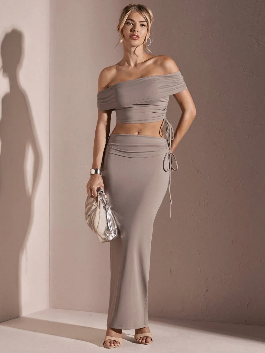 SHEIN BAE 女士純色露肩束腰荷葉邊短上衣和裙子套裝 - 灰色 - 查看 1