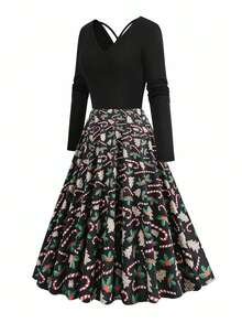 Eilly Bazar 女式简约印花交叉系带长袖连衣裙 - 黑色 - 查看 6