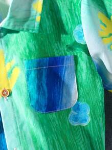 Young Boys Casual Artistic Graffiti Colorful Floral Shirt And Denim Shorts Set, Spring/Summer Vacation Outfits