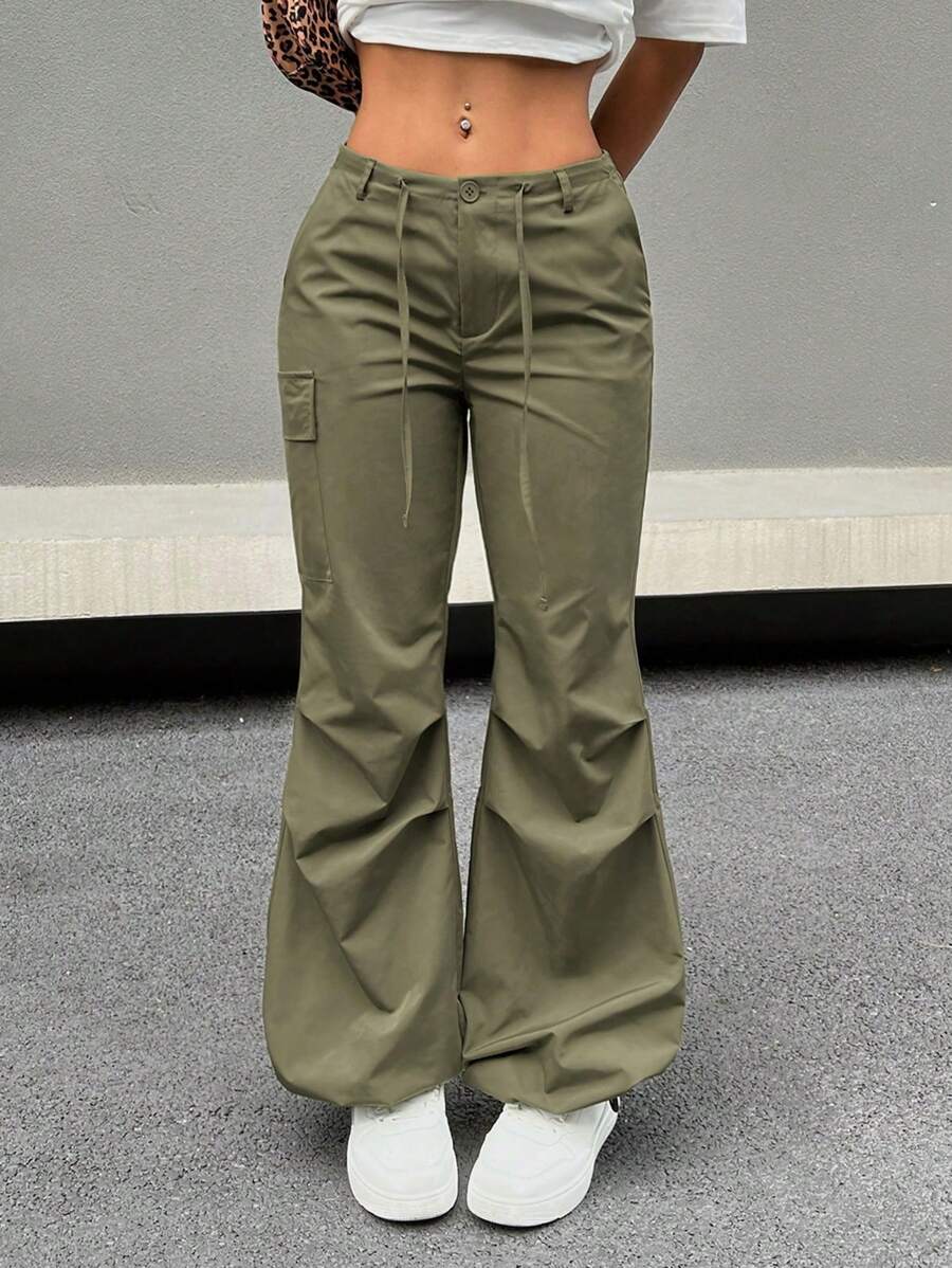 SHEIN EZwear 女士低腰蝴蝶結束帶運動員貨物褲 - 軍綠色 - 查看 1