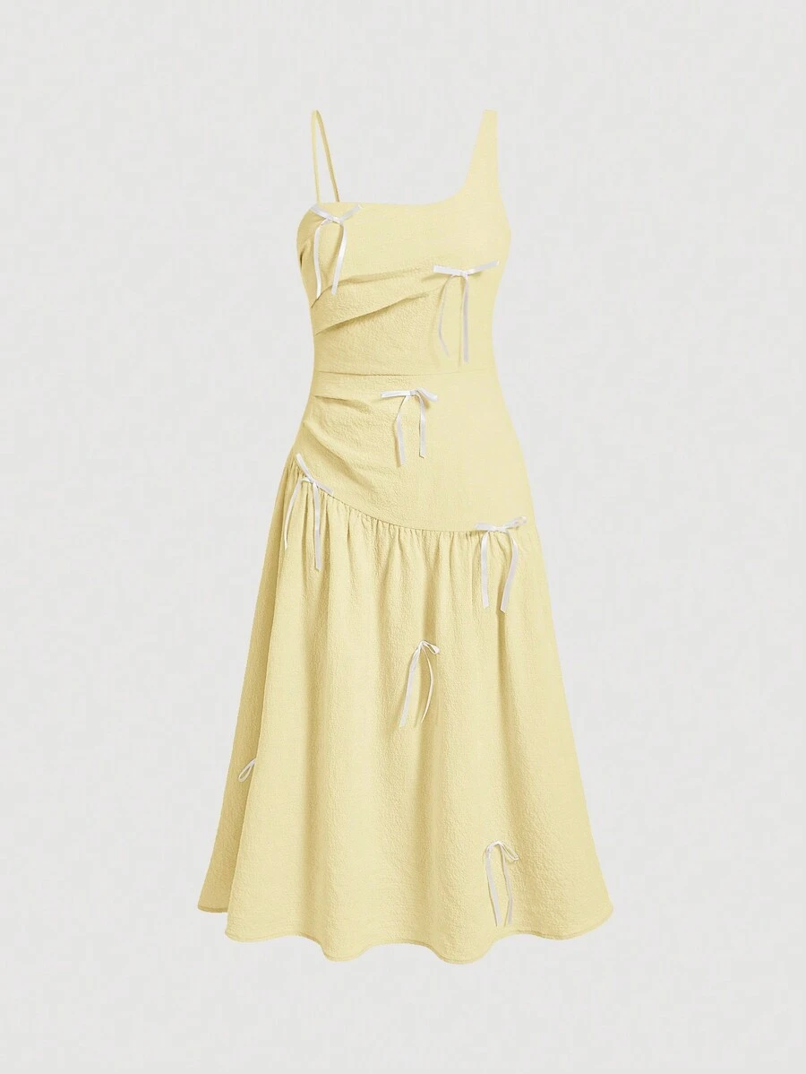 SHEIN MOD 大码复古纯色粉色蝴蝶结装饰不对称吊带夏装 - 黃色 - 查看 1