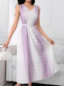 Seusyu Women's V-Neck Sleeveless Digital Printed Clean & Simple Style Dress With Wide Straps - Purple - View 2