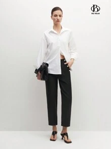 BizChic 女款純色修身乾淨優雅長褲，配有鈕扣裝飾 - 黑色 - 查看 1