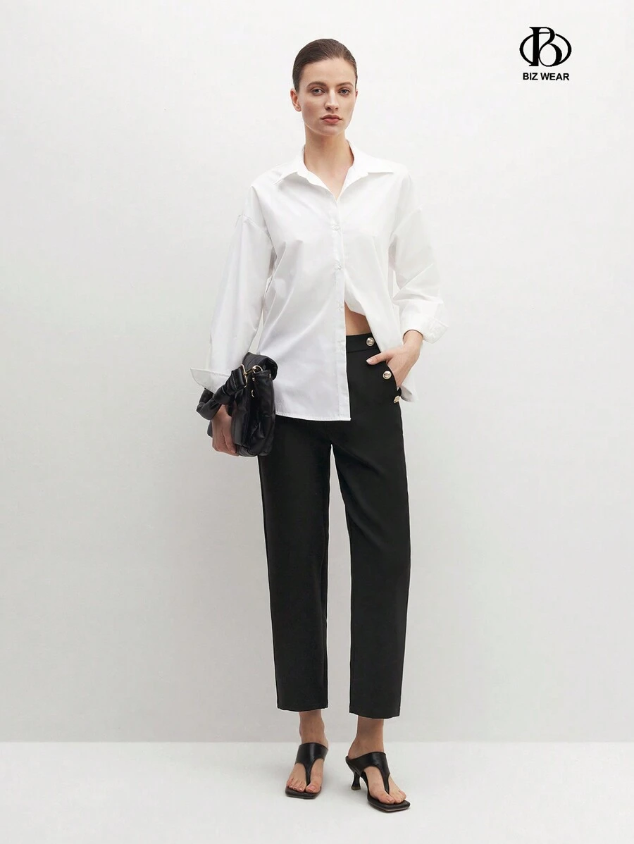 BizChic 女款純色修身乾淨優雅長褲，配有鈕扣裝飾 - 黑色 - 查看 1