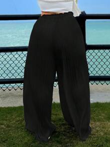 SHEIN SXY 夏季假期適用的大碼飄逸折痕寬褲 - 黑色 - 查看 2