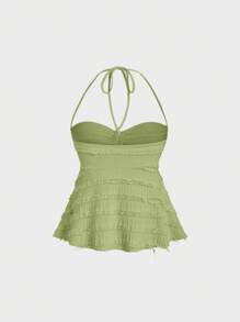 Sweetra Drawstring Front Halter Top For Summer Y2K Outfit  - Green - View 2