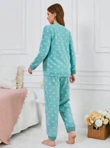 RueChic Star & Moon Print Raglan Sleeve Flannel PJ Set - Green - View 2