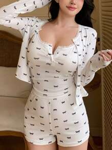 DAZY 撞色包边提花白色睡衣套装，冰丝面料，白色套装，秋冬服装。 - 白色 - 查看 3