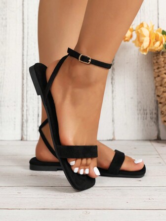 Women's Ankle Strap Flat Sandals, Black Mules, Elegant Faux Suede Casual Shoes, Slip-On Open Toe Summer Shoes, Strap Sandals, Slides