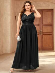 Plus Sweetheart Neck Sequin Insert Contrast Lace Chiffon Evening Party Maxi Formal Dress, Elegant Prom Wedding Guest Dress, For Graduation, Homecoming, Dinner - Black - View 9