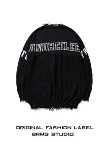 Giacca a maglia stile universitario unisex, nuova collezione autunno/inverno, con intarsio numerico, frange consumate e apertura anteriore - nero - Visualizzare 2