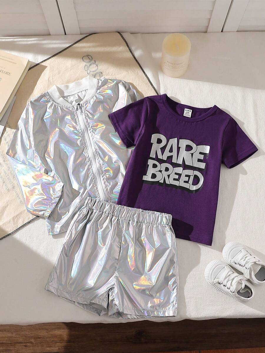 Conjunto casual de hip-hop y streetwear Harajuku para niños con láser plateado/morado deportivo en la nueva llegada de otoño, que incluye 3 piezas - Multicolor - Ver 1