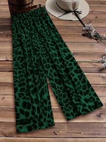 EMERY ROSE Plus Size Loose Leopard Print Vintage Wide Leg Casual Pants Fall Cloth For Women