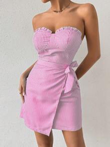 Chiquease Strapless Striped Lace Bodice Bodycon Mini Dress With Belt - Pink - View 6