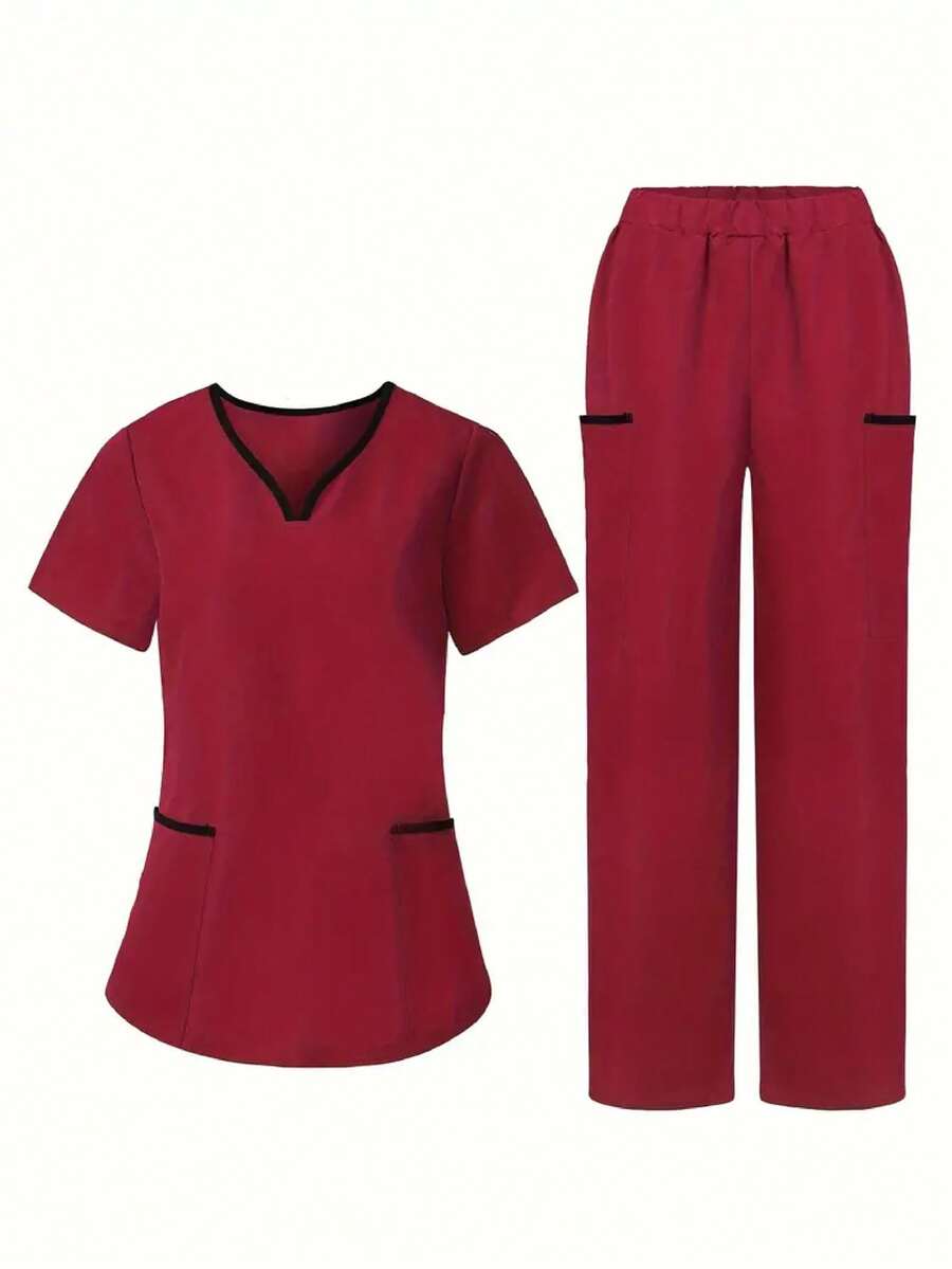 Conjunto de uniforme de enfermería de cuadros de color con blusa de manga corta y pantalones - Burdeos - Ver 1