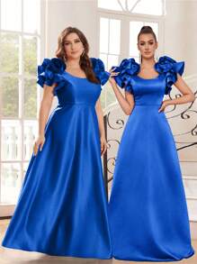 SHEIN Belle Vestido de princesa elegante y grácil con escote cuadrado decorado con flores 3D de satén, diseño en línea A, perfecto para ceremonias de graduación y ocasiones formales como bodas y cenas. - azul real - Ver 8