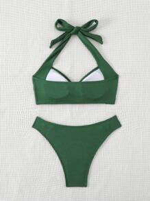 SHEIN Swim Women's Summer Beach Solid Color Circular Link Halter Neck Bikini Set
