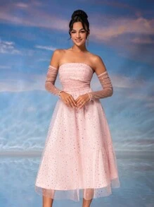 SHEIN Belle 褶皺網紗面料，層次搭配的女裝雞尾酒會派對禮服 - 粉色 - 查看 5