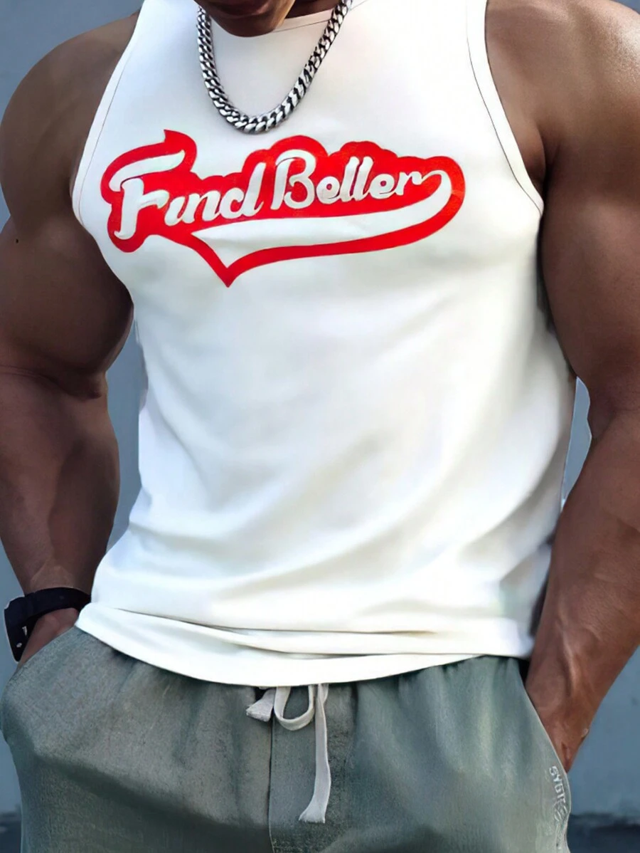 Summer Men's Casual Letter Print Round Neck Tank Top - White - View 1