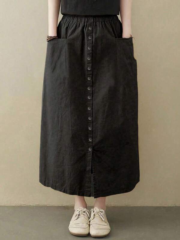 Women's Spring/Summer Casual Solid Color Front Button Double Pocket Long Skirt