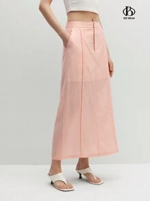 BizChic Hot Pink Office Lady Elegant Business Professional Skirt With Sheer Design - Dusty Pink - View 8