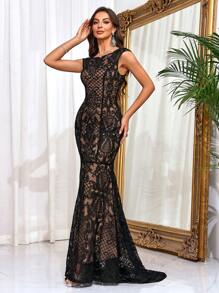 蕾丝腰身修身晚礼服，黑色优雅正式舞会礼服，适合婚礼宾客、毕业典礼、晚宴、度假等场合 - 黑色 - 查看 1