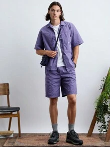 Manfinity VCAY Men's Woven Fashionable Casual Solid Color Loose Fit Short Sleeve Shirt And Shorts Set, Daily Wear.Men Shirts .Men Shorts.Cargo Men Pants.Button Down Shirt,Two-Piece Purple,Sunscreen And Waterproof