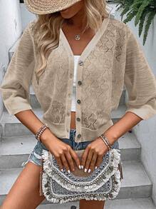 SHEIN LUNE Solid Button Front Casual Cardigan For Summer - Khaki - View 4